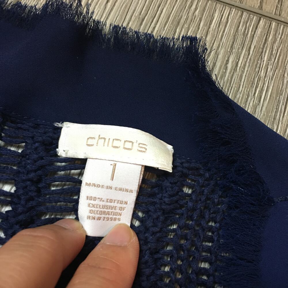 Chico's Blue Open Light long Knit Cardigan with chiffon edge Size 1 - Picture 3 of 7